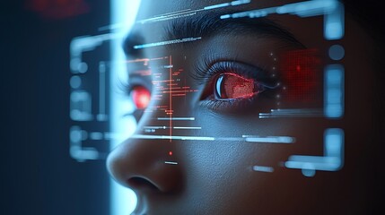 Close-up of human eye displaying red digital screen and blue holographic data interface, representing futuristic technology and augmented reality.
