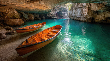Obraz premium Wooden boats in a cave with stunning turquoise waters.