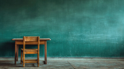 Wooden desk and chair in front of a green chalkboard