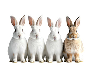 Obraz premium Four fluffy rabbits, three white, one brown, seated