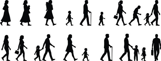 Family walking silhouettes illustration set showing parents, children and generations in daily life activities, human development concept, black and white vector