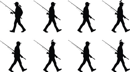 Fisherman silhouette set walking with fishing rod, outdoor hobby activity, angling lifestyle concept, isolated black vector illustration