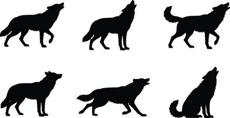 Howling wolf silhouette collection, wild canine poses set, standing running sitting wolf shapes, black animal vector illustration pack