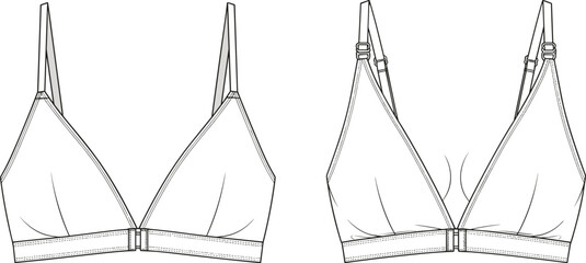 Women bralette technical drawing, lingerie bra front view outline, fashion cad flat vector illustration, apparel design template, sewing pattern guide