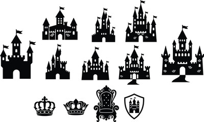 Medieval castle silhouette collection, fairy tale fortresses, royal kingdom buildings, fantasy architecture icons, crowns throne heraldic symbols set