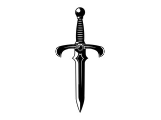 A detailed black and white illustration of a classic dagger with an ornate hilt and crossguard, pointing downwards.