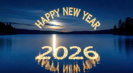 Happy new year 2026 message formed by sparkling lights over a tranquil lake at night isolated on white background, Vector