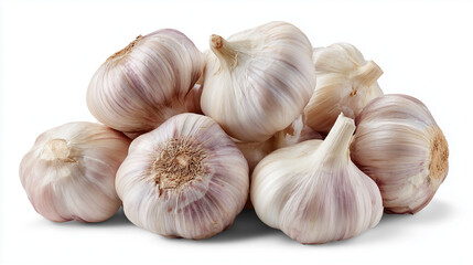 Several fresh garlic bulbs are stacked closely together on a smooth white surface. The garlic features its characteristic white skin and small roots, showcasing its natural texture and freshness.