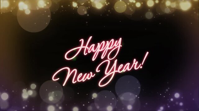 Glowing neon script wishes happy new year against a dark background filled with sparkling golden bokeh lights