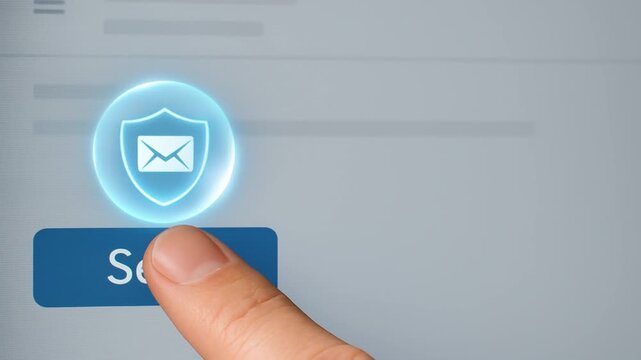 data loss prevention solutions concept. Send button with security icon being pressed on a digital screen.