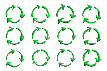 Fototapeta premium Set of 3d recycle arrow icon Recycling resources symbol Reuse of materials, zero waste, green environment, saving the planet
