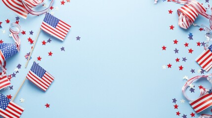 Fototapeta premium Minimalist patriotic banner featuring small American flags, colorful ribbons, and star confetti on a soft blue background, perfect for celebrating Presidents Day with copy space