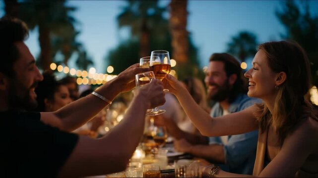 Friends toasting drinks at outdoor dinner party under string lights