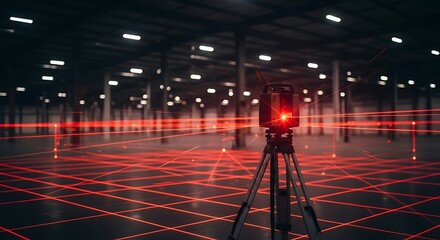 Laser scanner surveying a large empty warehouse, creating a grid of red laser lines on the floor, used for mapping and measuring the space