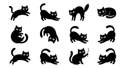 Naklejka premium Playful Black Cat Silhouettes in Various Poses on White Background