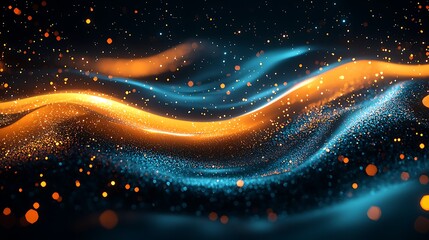Abstract glowing orange and blue light waves with sparkling particles and bokeh on a dark background, dynamic modern digital art concept.