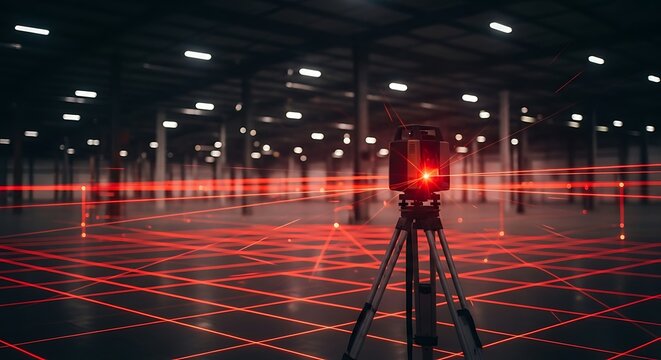 Laser scanner surveying a large empty warehouse, creating a grid of red laser lines on the floor, used for mapping and measuring the space - Powered by Adobe