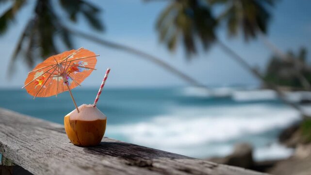 Tropical coconut drink with paper umbrella on exotic beach getaway