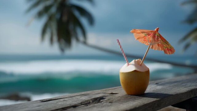 Refreshing coconut drink with umbrella on tropical beach vacation
