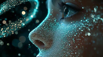 Fototapeta premium Close-up of human eye and face covered in sparkling blue particles, representing digital data, artificial intelligence, and futuristic technology vision.