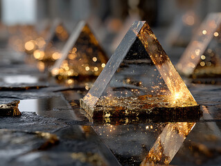 a surreal, foggy scene with several mirrored, triangular structures reflecting the surrounding environment, including trees and lights. The ground is wet