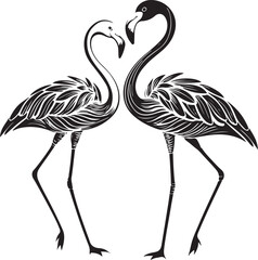 Fototapeta premium Two Flamingo Birds Standing Together Love Couple St. Valentine's Hand-drawn Sketch Drawing Vector Illustration, Line Linear Symbol Engraving Coloring Book, Black and White Isolated
