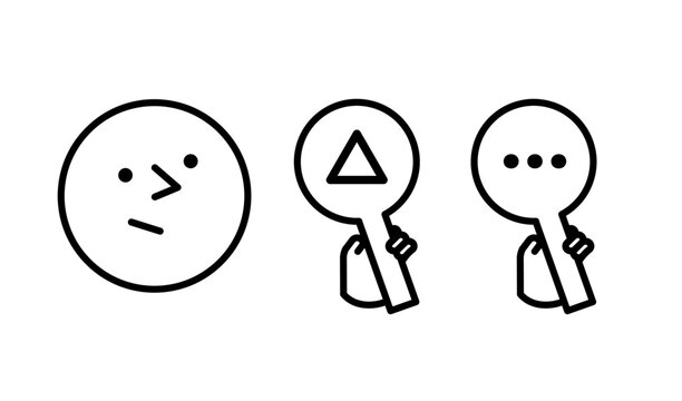 三角形と沈黙・ノーコメントの札を持つ手と普通の顔のマークのイラスト