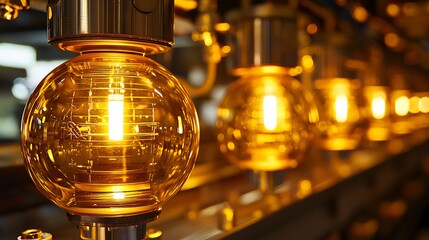 Glowing golden glass scientific reaction vessels with bright internal illumination in a high-tech industrial setting.