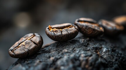 Fototapeta premium Close-up of roasted coffee beans on a dark, textured surface.