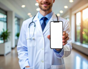 Male doctor presenting a smartphone with blank mockup screen to showcase telemedicine and eHealth mobile app concepts for online healthcare, digital medical services, and remote patient care.