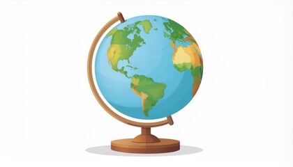 A colorful illustration of a rotating globe on a stand, showcasing the continents on a white background