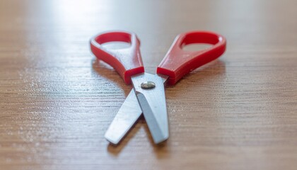 A pair of red handled scissors lies open on a wooden surface indoors.