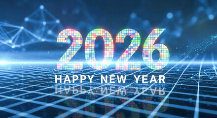 Happy new year 2026 celebration with colorful pixel art digits and glowing tech background. isolated on white background, Vector