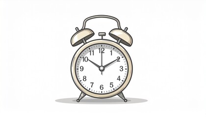 A vintage alarm clock stands alone on a white background, viewed from the front, illustrating timekeeping