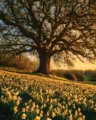 Large sprawling tree standing tall in a field of blooming yellow daffodils under warm golden sunset light with distant trees and a small white farmhouse in the background