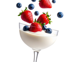 Minimalist Floating Berry Dessert in Stemmed Glass, Side Angle with Falling Fruits, Isolated