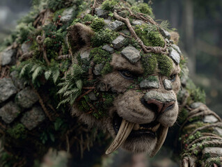 a large, prehistoric-looking creature covered in greenery and flowers, giving it a forest-like appearance. The creature has long, sharp tusks and is walking through a misty forest.