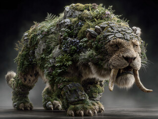 a large, prehistoric-looking creature covered in greenery and flowers, giving it a forest-like appearance. The creature has long, sharp tusks and is walking through a misty forest.