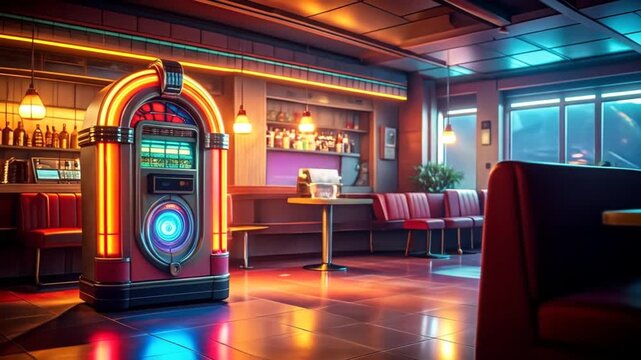 Retro Diner Jukebox Interior Scene with Neon Lighting.
