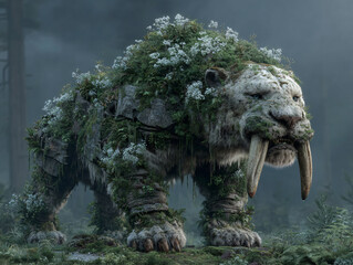 a large, prehistoric-looking creature covered in greenery and flowers, giving it a forest-like appearance. The creature has long, sharp tusks and is walking through a misty forest.