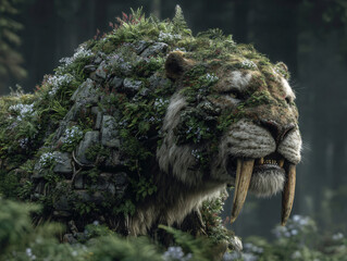 a large, prehistoric-looking creature covered in greenery and flowers, giving it a forest-like appearance. The creature has long, sharp tusks and is walking through a misty forest.