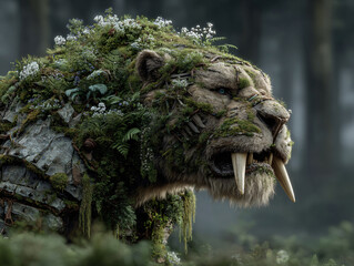 a large, prehistoric-looking creature covered in greenery and flowers, giving it a forest-like appearance. The creature has long, sharp tusks and is walking through a misty forest.