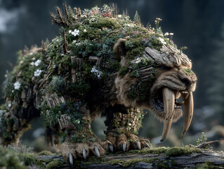 a large, prehistoric-looking creature covered in greenery and flowers, giving it a forest-like appearance. The creature has long, sharp tusks and is walking through a misty forest.