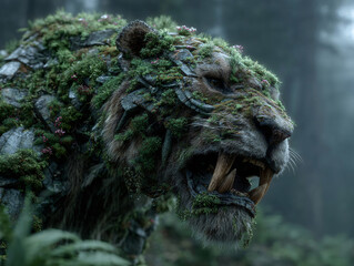 a large, prehistoric-looking creature covered in greenery and flowers, giving it a forest-like appearance. The creature has long, sharp tusks and is walking through a misty forest.