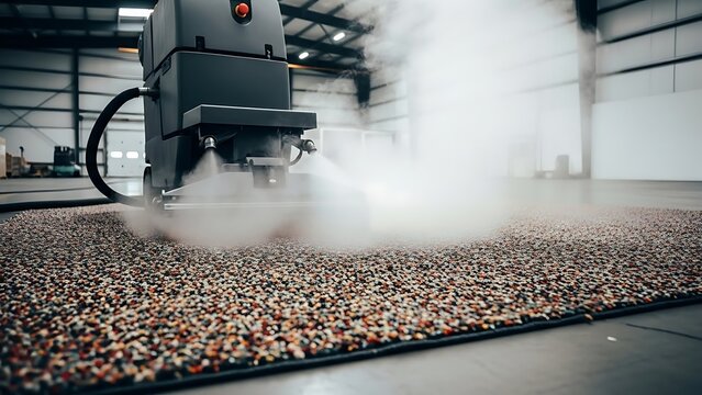 Industrial machine spraying a fine mist onto a textured granular surface, creating steam in a large warehouse environment.