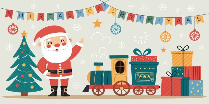a cute Santa Claus waving next to a Christmas train carrying gifts!