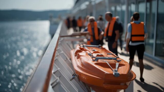 Safety First: Lifeboat on Cruise Ship Deck with Ocean View and Passengers