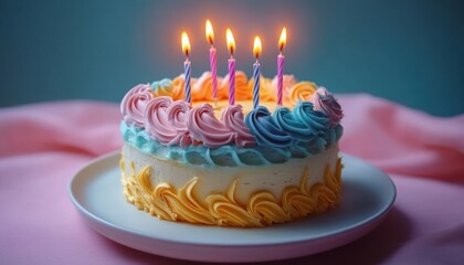 Round birthday cake with five lit candles decorated with pastel pink, blue, and yellow swirled frosting on a white plate and soft pink background