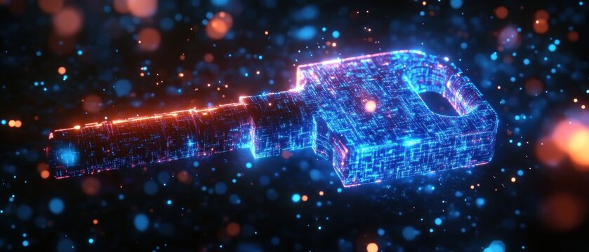 Glowing digital key made of blue and orange neon light particles floating on a dark background representing cybersecurity or digital access - Powered by Adobe