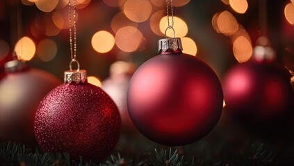 Fototapeta premium Close-up of red Christmas baubles hanging with blurred warm golden lights in the background creating a festive atmosphere
